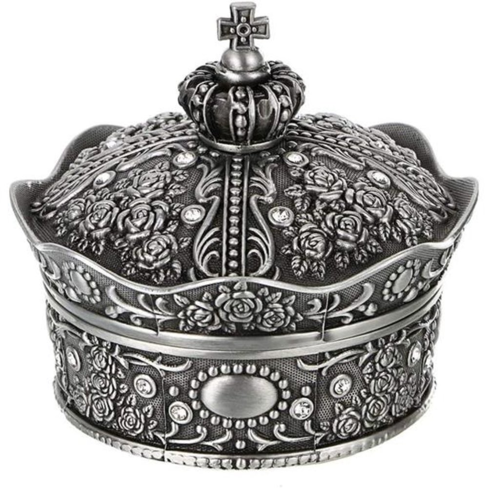 Vintage Jewelry Box, Antique Crown Design Trinket Treasure Chest Storage (Small)